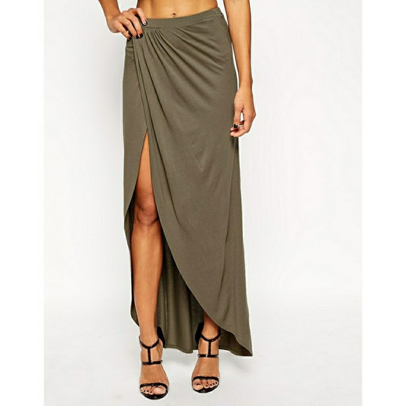 ASOS Wrap Olive Green Maxi Skirt - Picture 2 of 5